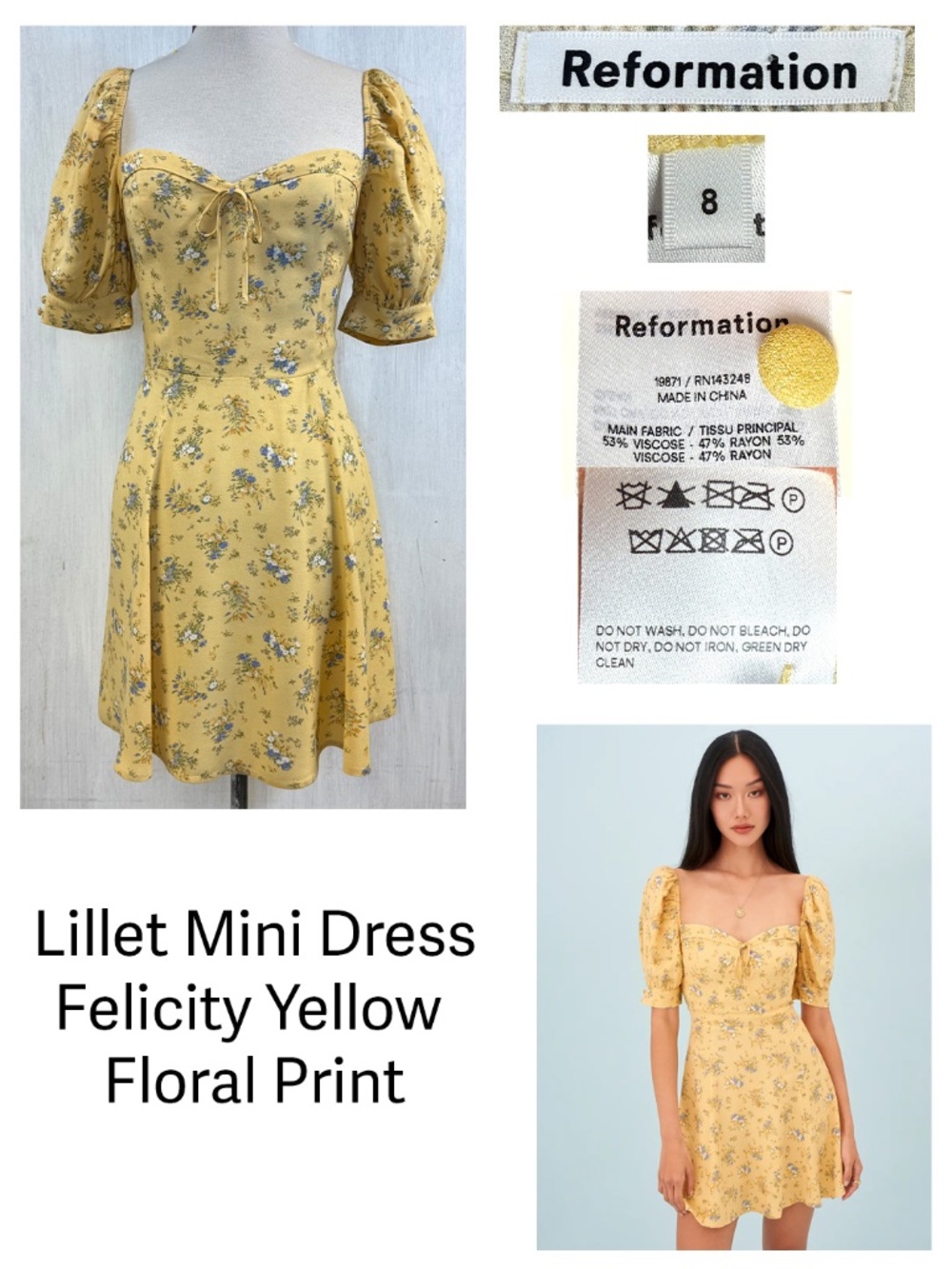 Reformation Lillet Mini Yellow Dress Floral Puff Sleeve Size 8